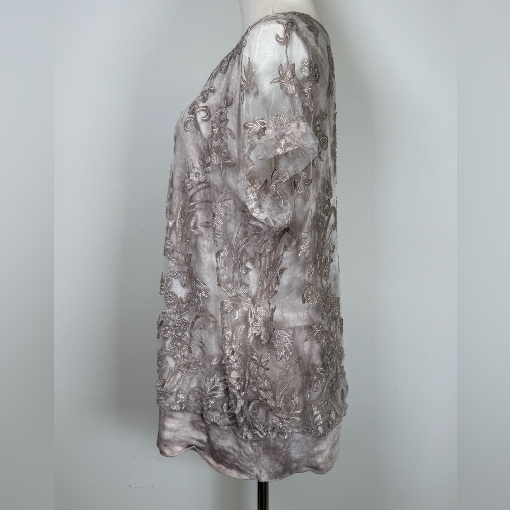 Angela Mara Sheer Floral Appliqué Top Soft Fabric Made In Italy Women’s Large - Picture 4 of 13